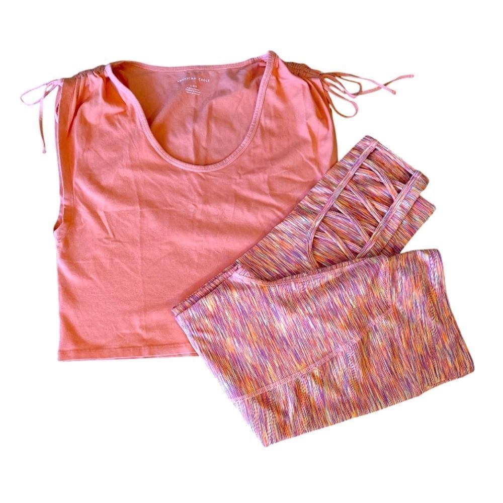AEO Size Large Neon‎ Cropped Workout Top & Leggings Outfit Bundle